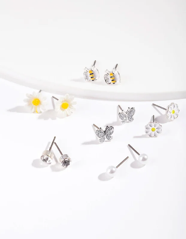 Oval Hoop Earrings-Kids Silver Daisy Stud Earring 6-Pack