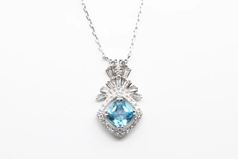 Silver Heart Pendant Necklace-White Gold Blue Topaz Art Deco Style Necklace