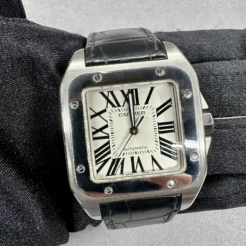 Waterproof Quartz Watch-Cartier Santos 100 Silver Dial Black Strap Steel Mens Watch W20073X8