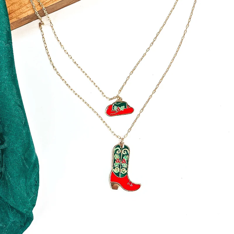 Handmade Necklace-Away For The Winter Double Strand Gold Tone Necklace with Hat and Boot Mistletoe Print Pendant in Red and Green