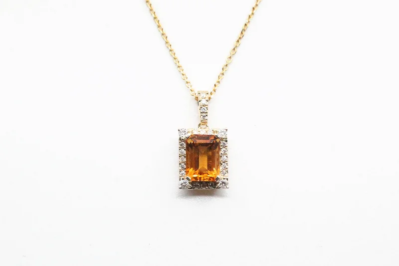 Dainty Silver Necklace-Yellow Gold Citrine with Diamond Halo Necklace