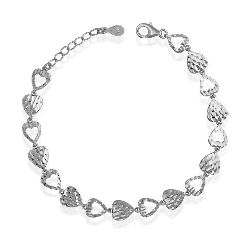 Men’s Silver Bracelet-Sterling Silver Alternating Open and Regular D-C Hearts Bracelet