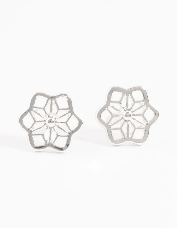 Sterling Silver Earrings-Silver Geometric Flower Stud Earrings