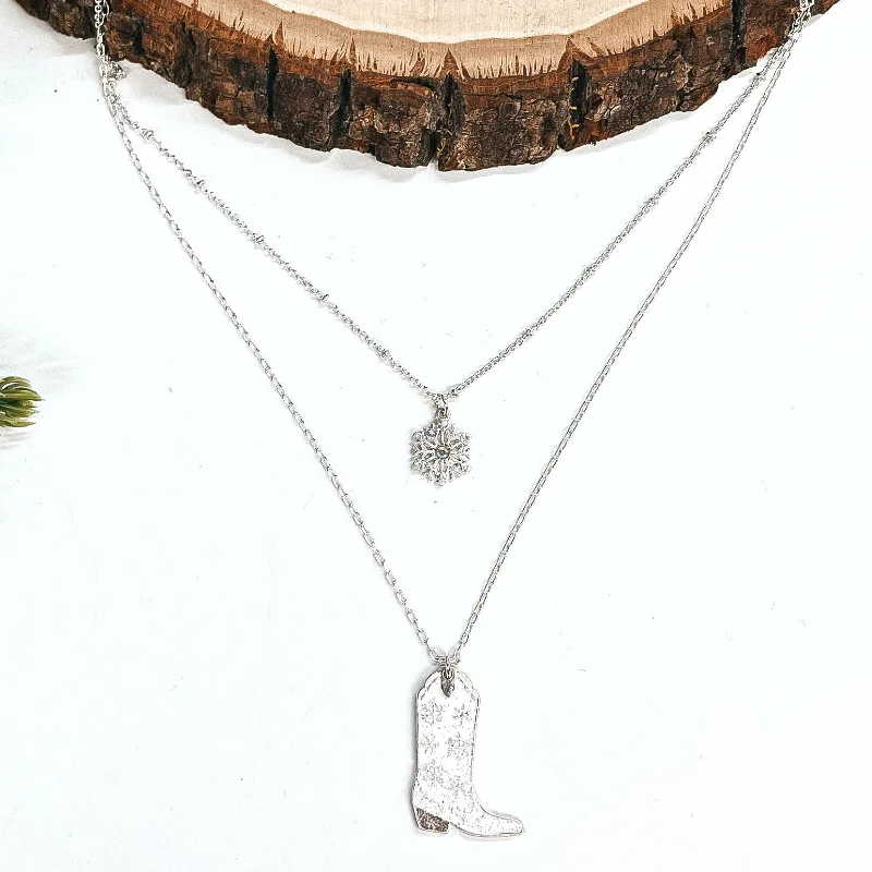 Layered Pearl Necklace-Winter Fate Double Strand Silver Tone Necklace with Silver Tone Snowflake and Snowflake Patterned Boot Pendant in White