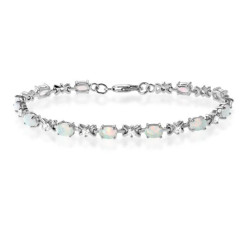 Crystal Bangle Bracelet-Sterling Silver CZ and Oval White Opal Stones Bracelet, 7"