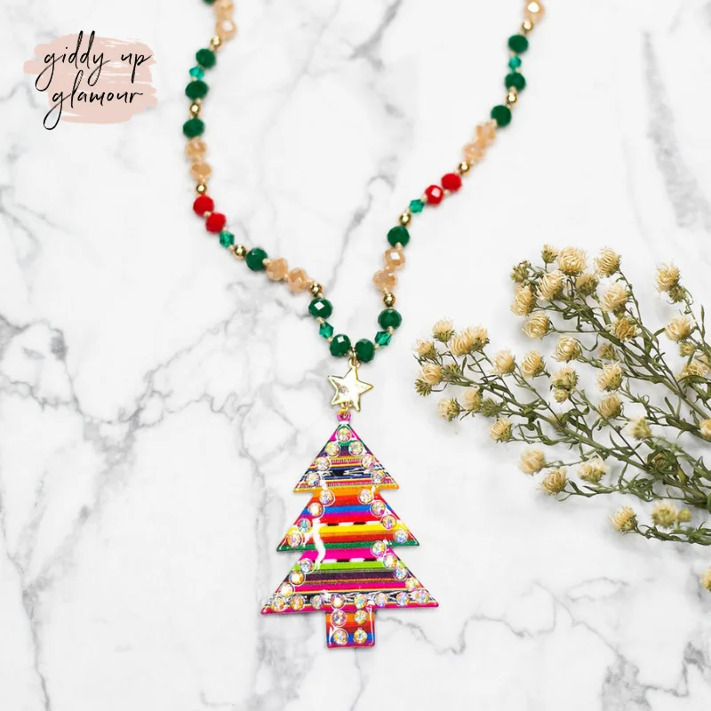 Elegant Diamond Necklace-Crystal Christmas Tree Necklace in Red and Green Serape