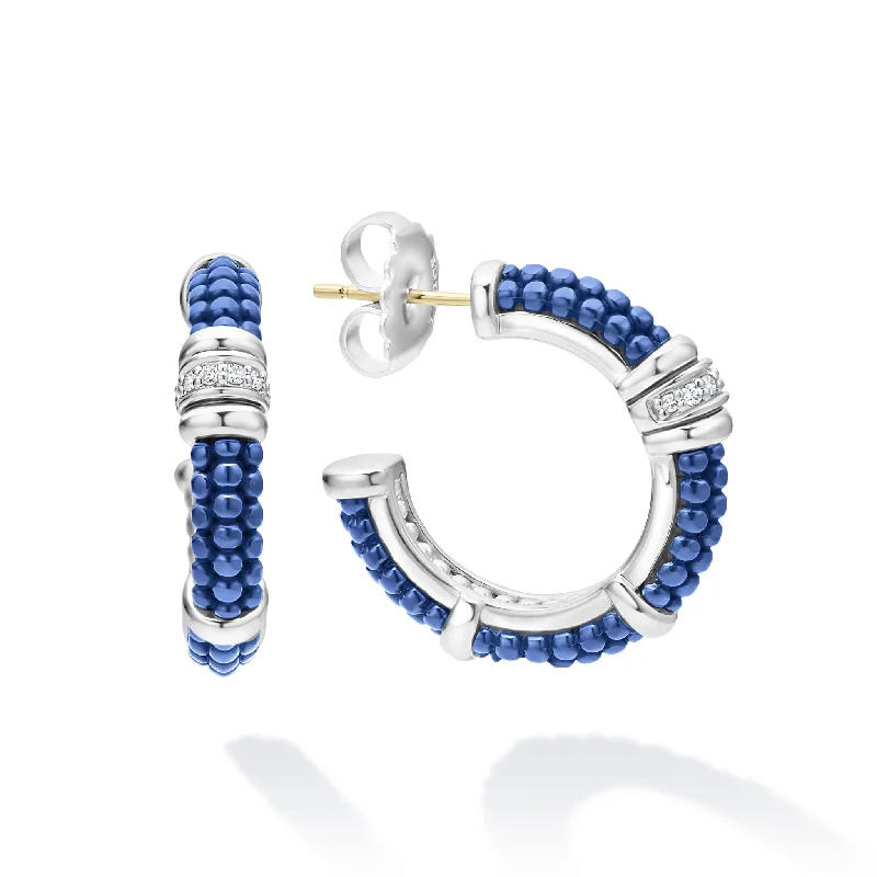 Double Hoop Earrings-Blue Caviar Ceramic and Diamond Hoop Earrings